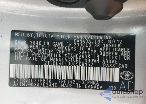 2013 Toyota Corolla Base z USA, uszkodzony, nr VIN 2T1BU4EE0DC968152